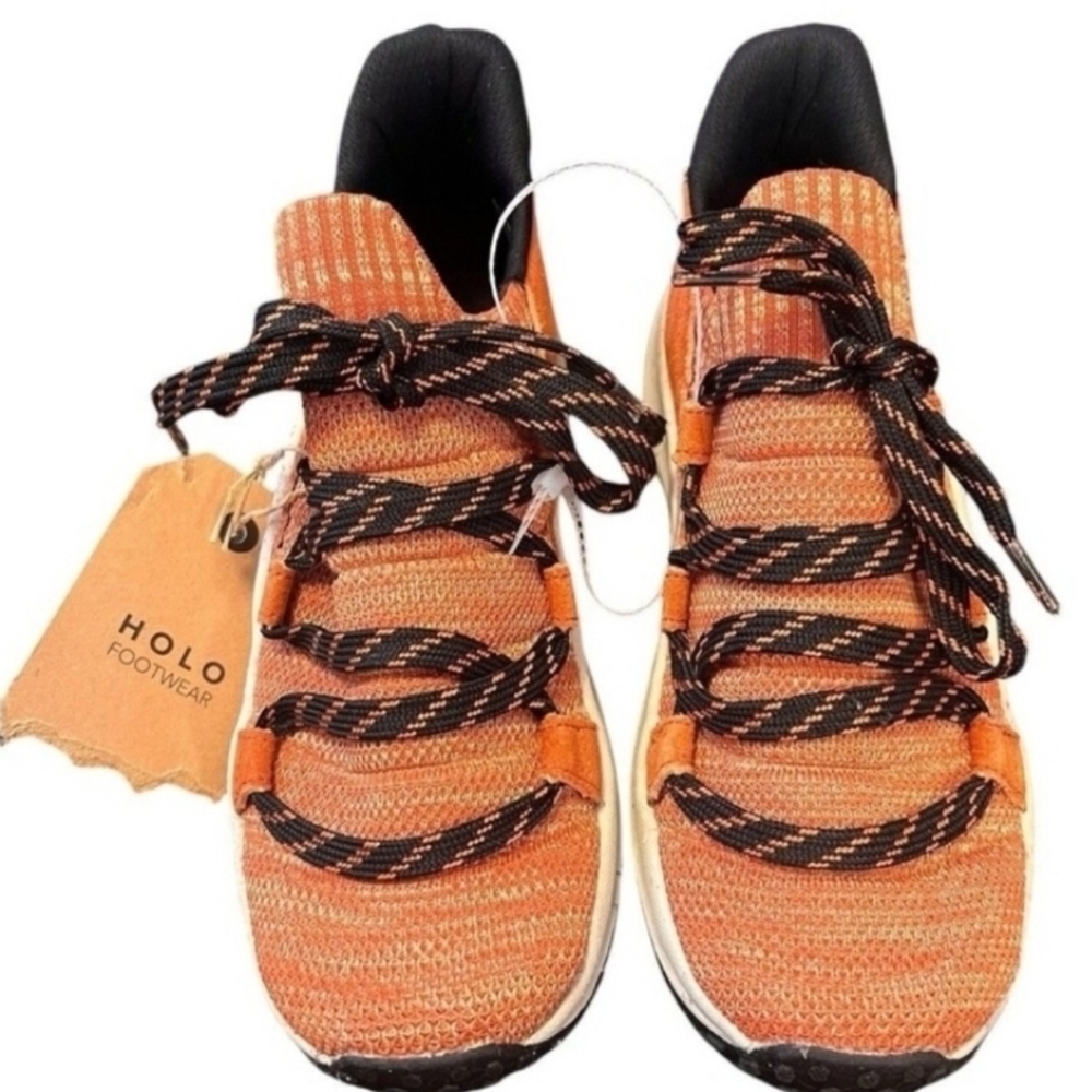 Orange Athletic Shoes with Unique Lacing System